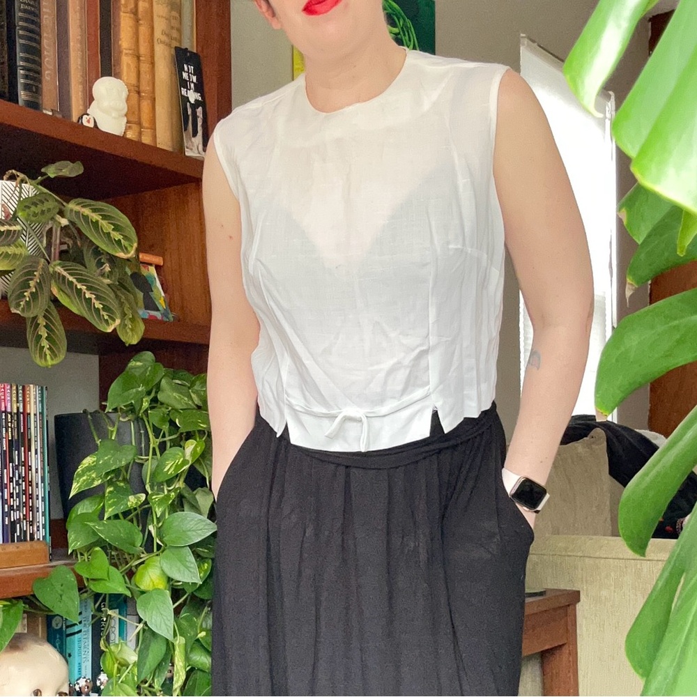 Vintage Sheer Sleeveless White Top with bow detail
